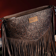 WG63-G9360 Wrangler Vintage Floral Embossed Fringe Concealed Carry Oversize Crossbody/Shoulder Bag - Coffee