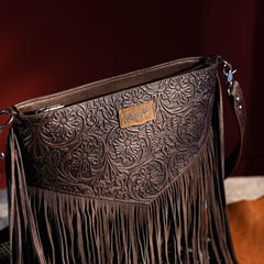 WG63-G9360 Wrangler Vintage Floral Embossed Fringe Concealed Carry Oversize Crossbody/Shoulder Bag - Coffee