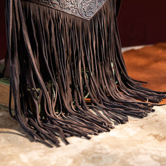 WG63-G9360 Wrangler Vintage Floral Embossed Fringe Concealed Carry Oversize Crossbody/Shoulder Bag - Coffee