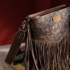 WG63-G9360 Wrangler Vintage Floral Embossed Fringe Concealed Carry Oversize Crossbody/Shoulder Bag - Coffee