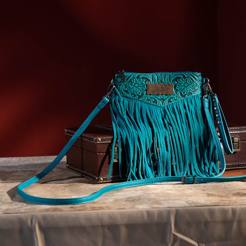WG63-181 Wrangler Vintage Floral Tooled Collection Fringe Wristlet/Crossbody - Turquoise