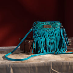 WG63-181 Wrangler Vintage Floral Tooled Collection Fringe Wristlet/Crossbody - Turquoise