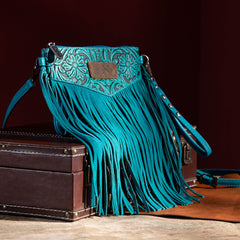 WG63-181 Wrangler Vintage Floral Tooled Collection Fringe Wristlet/Crossbody - Turquoise