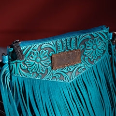 WG63-181 Wrangler Vintage Floral Tooled Collection Fringe Wristlet/Crossbody - Turquoise