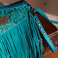 WG63-181 Wrangler Vintage Floral Tooled Collection Fringe Wristlet/Crossbody - Turquoise