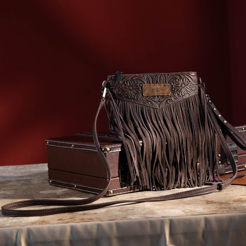 WG63-181 Wrangler Vintage Floral Tooled Collection Fringe Crossbody - Coffee