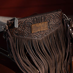 WG63-181 Wrangler Vintage Floral Tooled Collection Fringe Crossbody - Coffee