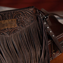 WG63-181 Wrangler Vintage Floral Tooled Collection Fringe Crossbody - Coffee