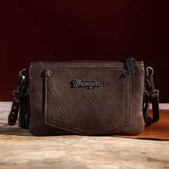 WG63-181 Wrangler Vintage Floral Tooled Collection Fringe Crossbody - Coffee