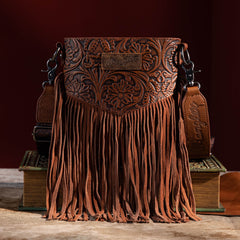 WG63-G8360 Wrangler Vintage Floral Embossed Fringe Crossbody - Brown