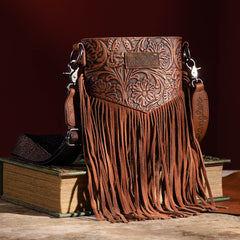 WG63-G8360 Wrangler Vintage Floral Embossed Fringe Crossbody - Brown