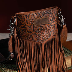 WG63-G8360 Wrangler Vintage Floral Embossed Fringe Crossbody - Brown