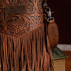 WG63-G8360 Wrangler Vintage Floral Embossed Fringe Crossbody - Brown