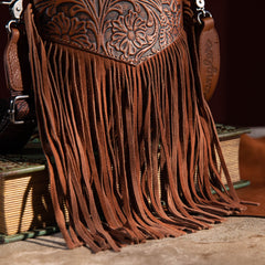 WG63-G8360 Wrangler Vintage Floral Embossed Fringe Crossbody - Brown