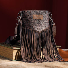 WG63-G8360 Wrangler Vintage Floral Embossed Fringe Crossbody - Coffee
