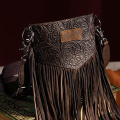 WG63-G8360 Wrangler Vintage Floral Embossed Fringe Crossbody - Coffee