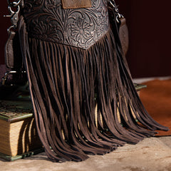 WG63-G8360 Wrangler Vintage Floral Embossed Fringe Crossbody - Coffee