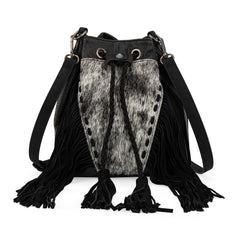 MW1349-8311 Montana West Hair-On Cowhide Drawstring Crossbody Bucket Bag - Black