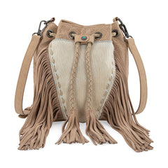 MW1349-8311 Montana West Hair-On Cowhide Drawstring Crossbody Bucket Bag - Tan