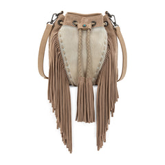MW1349-8311 Montana West Hair-On Cowhide Drawstring Crossbody Bucket Bag - Tan