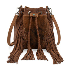MW1349-8311 Montana West Hair-On Cowhide Drawstring Crossbody Bucket Bag - Brown