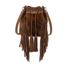 MW1349-8311 Montana West Hair-On Cowhide Drawstring Crossbody Bucket Bag - Brown