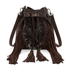 MW1349-8311 Montana West Hair-On Cowhide Drawstring Crossbody Bucket Bag - Coffee