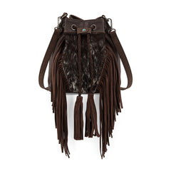 MW1349-8311 Montana West Hair-On Cowhide Drawstring Crossbody Bucket Bag - Coffee