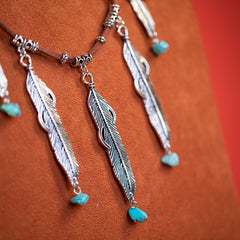 WNS-1030   Rustic Couture's Silver Feather Charms Leather Necklace Earrings Set