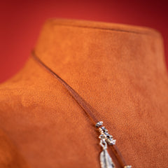 WNS-1030   Rustic Couture's Silver Feather Charms Leather Necklace Earrings Set