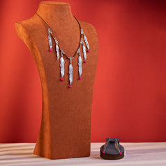 WNS-1030   Rustic Couture's Silver Feather Charms Leather Necklace Earrings Set