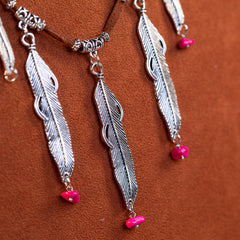 WNS-1030   Rustic Couture's Silver Feather Charms Leather Necklace Earrings Set