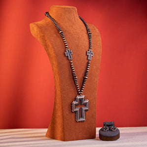 RNS-1029 Rustic Couture's Beaded Heart Shape Cross Pendant Necklace Earring Set
