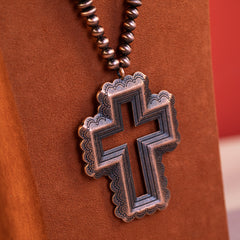 RNS-1029  Rustic Couture's  Beaded Heart Shape Cross  Pendant Necklace Earring Set