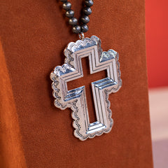 RNS-1029  Rustic Couture's  Beaded Heart Shape Cross  Pendant Necklace Earring Set