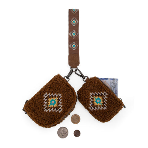 WG263-W077  Wrangler Sherpa Embroidered Aztec Dual Pouch Wristlet -Brown