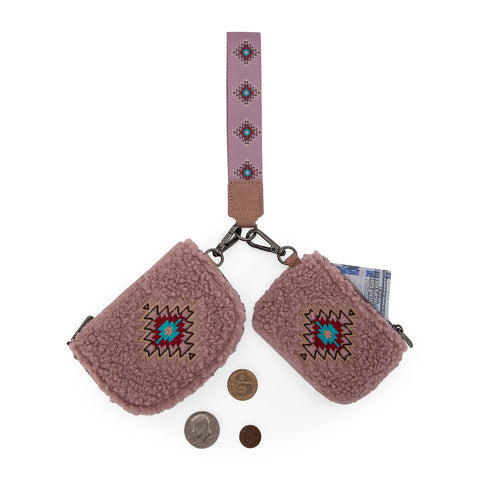 WG263-W077  Wrangler Sherpa Embroidered Aztec Dual Pouch Wristlet -Dark Pink