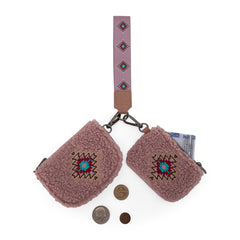 WG263-W077  Wrangler Sherpa Embroidered Aztec Dual Pouch Wristlet -Dark Pink