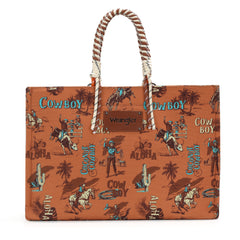 WG284-8119D  Wrangler COWBOY  Dual Sided Print Canvas Wide Tote -Dark Brown