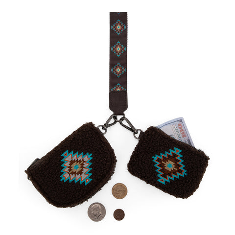 WG263-W077  Wrangler Sherpa Embroidered Aztec Dual Pouch Wristlet -Coffee