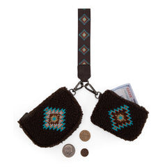 WG263-W077  Wrangler Sherpa Embroidered Aztec Dual Pouch Wristlet -Coffee