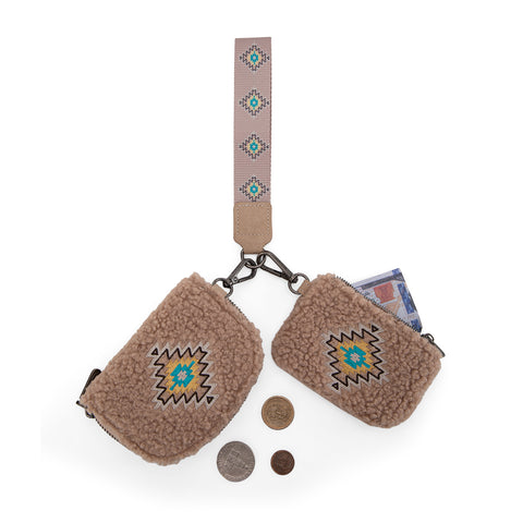 WG263-W077  Wrangler Sherpa Embroidered Aztec Dual Pouch Wristlet -Tan