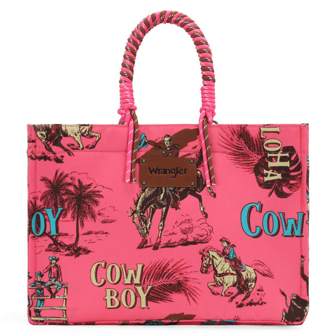 WG284D-8119  Wrangler COWBOY  Dual Sided Print Canvas Wide Tote -Hot Pink