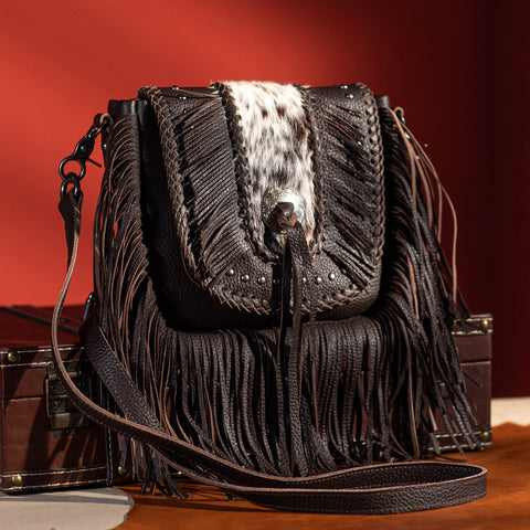 MWR-054 Montana West Genuine Leather Hair-On Cowhide Fringe Bohemian Crossbody -Coffee