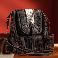 MWR-054 Montana West Genuine Leather Hair-On Cowhide Fringe Bohemian Crossbody -Coffee