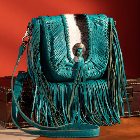 MWR-054 Montana West Genuine Leather Hair-On Cowhide Fringe Bohemian Crossbody- Turquoise