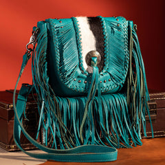 MWR-054 Montana West Genuine Leather Hair-On Cowhide Fringe Bohemian Crossbody- Turquoise