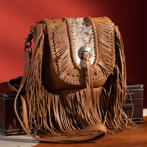 MWR-054 Montana West Genuine Leather Hair-On Cowhide Fringe Bohemian Crossbody - Brown
