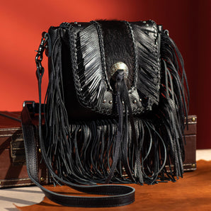 MWR-054 Montana West Genuine Leather Hair-On Cowhide Fringe Bohemian Crossbody - Black