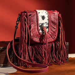 MWR-054 Montana West Genuine Leather Hair-On Cowhide Fringe Bohemian Crossbody- Red